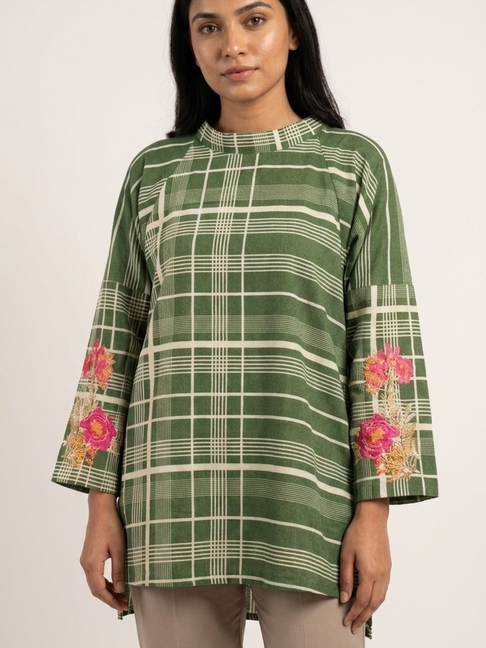 Green Plaid Tunic with Pink Floral Embroidery